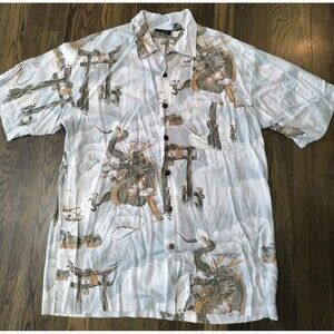 Vintage Dragon Print Short Sleeve Button Up Shirt Men's XL Gray Brown All Rayon